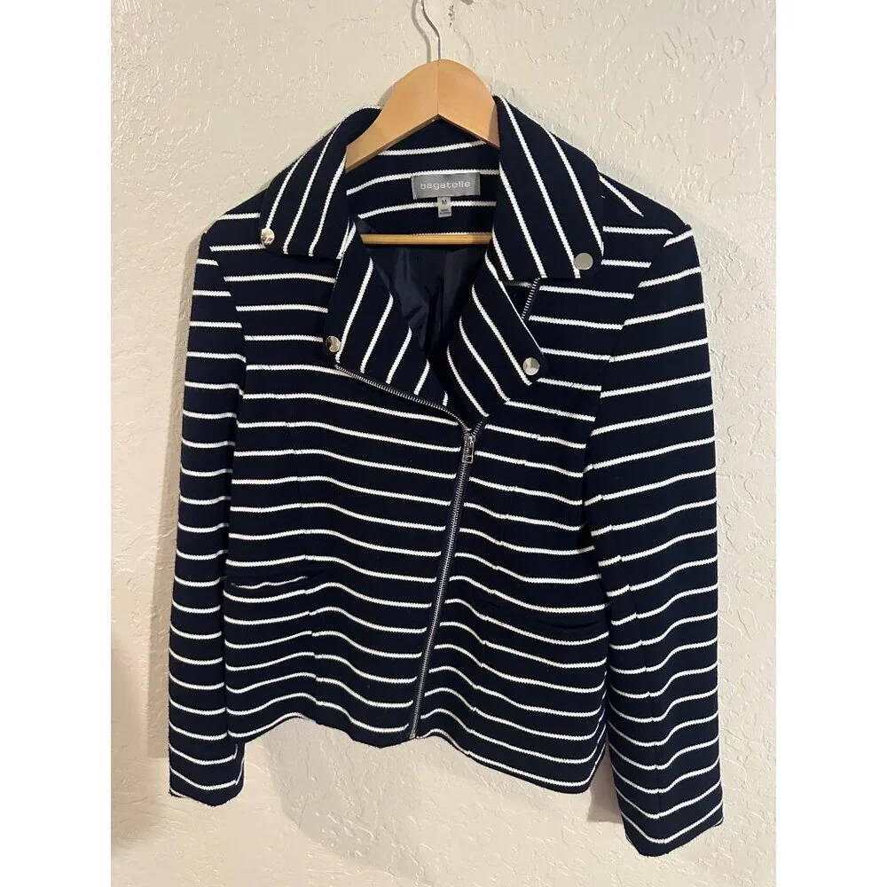 Bagatelle Y Navy & White Pocketed Striped Zipper Moto Sweater Jacket - Picture 3 of 13